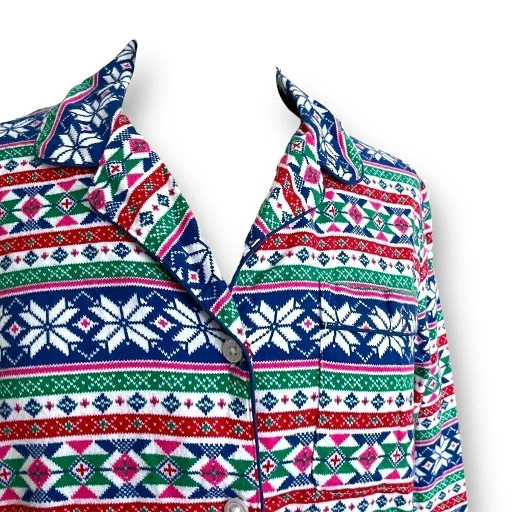 Lands End Womens Nightgown XS 2 4 Cotton Flannel Fair Isle Print Nightshirt PJs